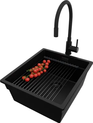 Produktbild von PRIMAGRAN Unterbauspüle Granit Alles Schwarz 41x47cm, Spülbecken 1 Becken + Ablauf-Set + Küchenzubehörset, Granitspüle ab 45er Unterschrank - Praga