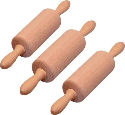 Produktbild von 3 Stück Holz-Teigroller für Kinder, Gluecksshop® 24 cm x 11 x 4,8 cm L-B-H, drehbare Achse, kleine Griffe für Kinderhände, einfaches Ausrollen, Back-Spaß mit dem Mini-Nudelholz, Naturprodukt