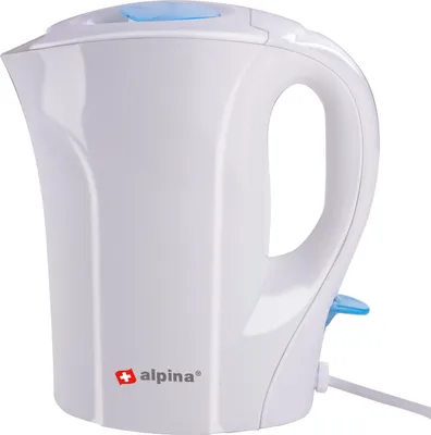 A white Alpina electric kettle with a blue lid and switch, shown on a white background.
