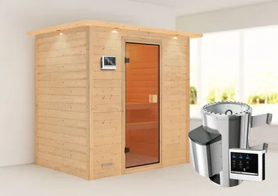 Produktbild von Karibu Sauna Innensauna Selena Fronteinstieg Ofen 3,6 kW externe Strg.easy 223x159x191 cm mit Dachkranz