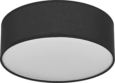 A close-up, straight-on view of a black drum-shaped ceiling light with a white diffuser.