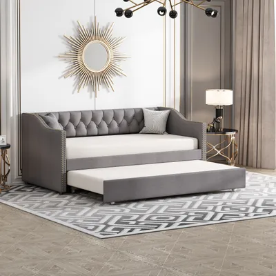 Obrázek produktu pro Čalouněná postel Dětská postel 90x200 cm, Rozkládací pohovka ,Denní postel, Rozkládací postel pro mládež Rám postele s lamelovým roštem ze dřeva, povlečení, šedá barva