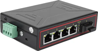 Produktbild von Ethernet-Glasfaser-Medienkonverter 1 optischer Port 4 Ethernet-Ports 10 Mbit/s 100 Mbit/s Ethernet-Switch für DIN-Schienenmontage
