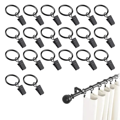Immagine prodotto di Anelli metallici per tende, diametro 32 mm, neri, confezione da 20 pezzi, con clip, adatti per tende da doccia e finestre