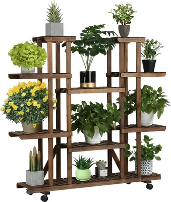 Produktbild von Holz Blumenregal mit Rollen - 6 Ebenen für Balkon und Garten