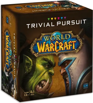 The image shows the front and side of the Trivial Pursuit World of Warcraft board game box.