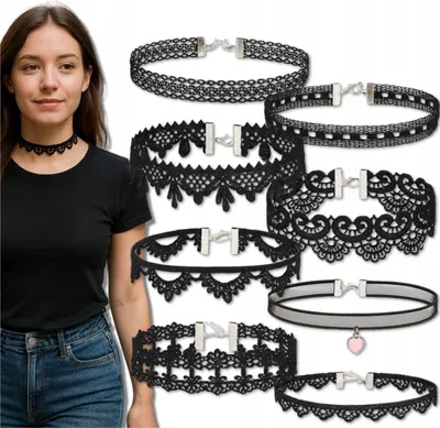 Produktbild von EDIBAZZAR | Damen Halsketten Set 8-teilig CHOKER Schwarzes Band Halsketten an einem Band