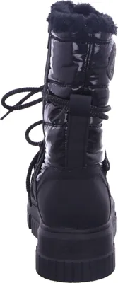 A black winter boot shown from the back.