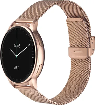 A rose gold smartwatch with a mesh band is shown against a white background.