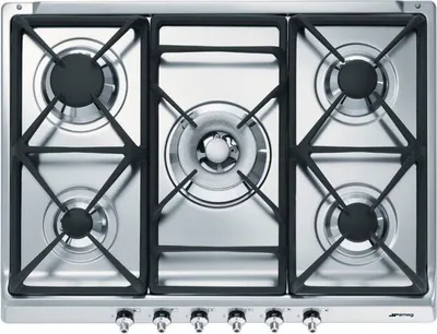 A top-down view of a stainless steel gas cooktop with five burners.