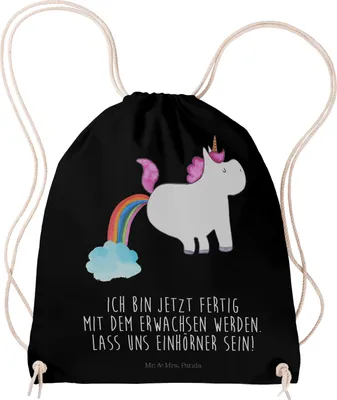 Produktbild von Mr. & Mrs. Panda Jutebeutel Einhorn Pupsen - Schwarz - Geschenk, Freundin, Lustig, Sportbeutel, Kleiner Rucksack, Regenbogen, wander, Unicorn, Gymbag, Spaß
