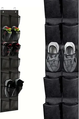 Produktbild von PolkaHome® Wandorganizer mit 14 Fächern und 2 Haken – Schuhaufbewahrung über der Tür, Schwarz, faltbar