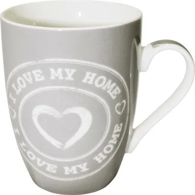 Produktbild von Kaffeetasse "I love my home" Henkel Tasse mit Herz Porzellan Becher Grau mit Weiß