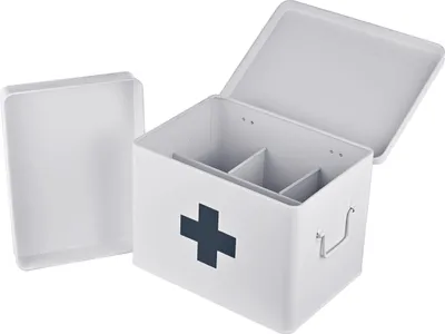 Image de Boîte à pharmacie Relaxdays, 4 compartiments, insert amovible, boîte de trousse de premiers secours, métal, poignées, H x l x P : 21 x 28 x 20,5 cm, blanc