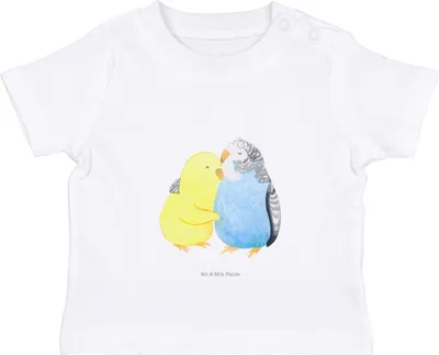 Produktbild von Mr. & Mrs. Panda Babyshirt Wellensittich Liebe 12. - 18. Monat - Weiß - Geschenk, Organic Baby Shirt,  T-Shirt, Freundin, Vögel, Kleinkind, Umarmen, Oberteil