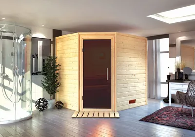 Produktbild von Karibu Sauna Innensauna Mia Eckeinstieg Ofen 9 kW externe Strg easy 224x184x202 cm mit Dachkranz mit Graphittür