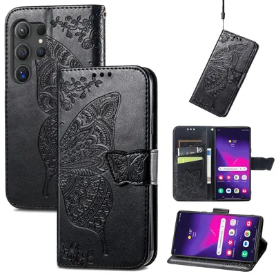 Obrázek produktu pro Pro Samsung Galaxy S25 Ultra 5G Koženkové peněženkové pouzdro na mobilní telefon Butterfly Design Cover Case Black