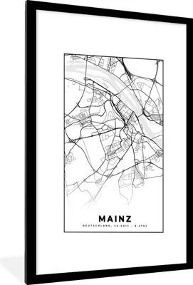 Produktbild von MuchoWow® Gerahmtes Poster Karte - Mainz - Stadtplan 60x90 cm - Poster mit Schwarzem Bilderrahmen Wandposter Rahmen Foto Bilder - Dekoration - Wandposter Wohnzimmer - Hochwertig
