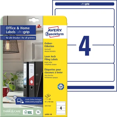 Produktbild von Avery Zweckform L4761-10 Ordner-Etiketten, 192 x 61 mm, 10 Blatt/40 Etiketten, weiß