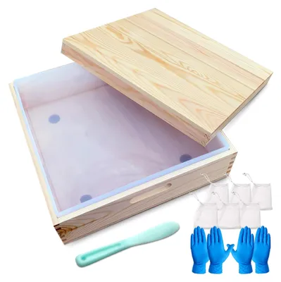Produktbild von Quadratische Seifenformen für die Seifenherstellung, große Größe – 8 l, 8,2 kg, rechteckige Silikon-Seifenform mit Holzbox und Holzabdeckung, Seifenverpackung, Handschuhe, Rührstab