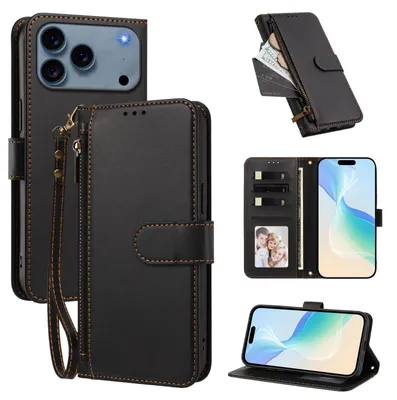 Produktbild von Geldbörse Hülle für iPhone 17 Pro, Kunstleder Handyhülle mit Kartenfächer, Ständer, Handschlaufe Schwarz