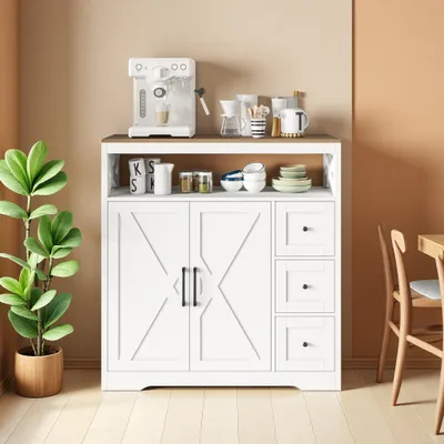 Immagine prodotto di Mobile contenitore INONEFT con 3 cassetti e 2 ante, pensile da cucina con spazio aperto, credenza con due vani, dimensioni 100x40x105 cm, colore bianco