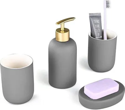 Produktbild von Badkameraccessoires-Set, 4-teilig, keramisch, komplett mit 2 x 300 ml Zahnputzbecherhalter, abdichtbarer Seifenbecher 340 ml und Seifenbrett, Wohnbadkamer-Accessoire-Set, grau