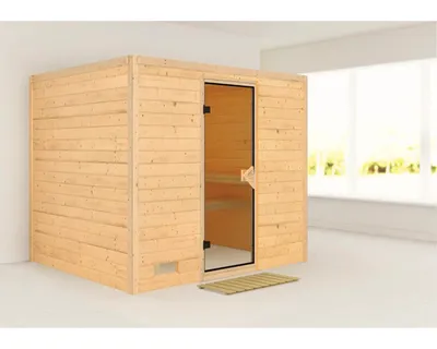 Produktbild von Massivholzsauna Karibu Monara ohne Ofen und Dachkranz mit bronzierter Ganzglastüre