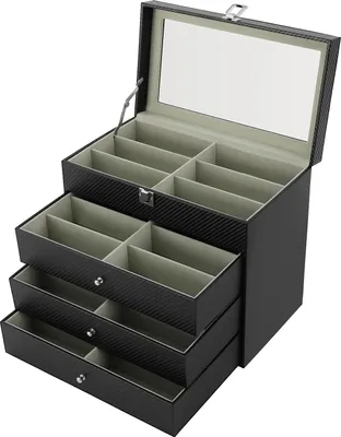 Immagine prodotto di Scatola portaocchiali - Portagioie - 4 ripiani - 24 scomparti - Espositore per occhiali da sole e da vista - In Pelle finta con coperchio in vetro - Nero