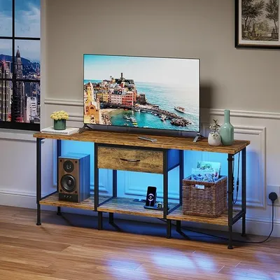 Imagen del producto de Mesa de televisión con toma de corriente.Mueble para televisión con iluminación LED.Mueble bajo para televisión