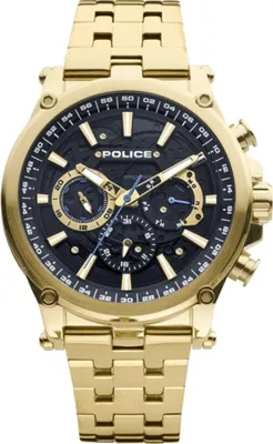 A close-up studio shot of a gold Police chronograph watch against a white background.