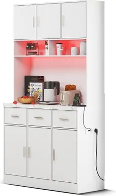 Zdjęcie produktu dla Szafka kuchenna z oświetleniem LED i gniazdkiem, komoda z 3 szufladami i 3 drzwiami, szafka pod kuchenkę mikrofalową, 100 x 40 x 180 cm
