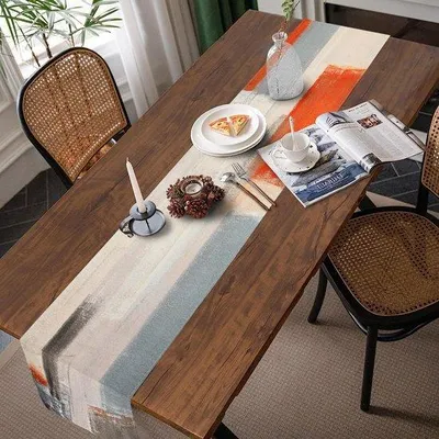 Produktbild von Ibenzoa® Tischläufer – abstraktes Kunstdesign, Leinen, Orange/Grau, 33 x 183 cm, Schutz für Esstisch & Wohnzimmer