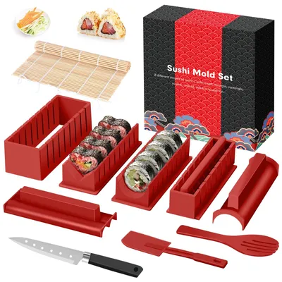 Productafbeelding van Sushi-maakset, 12-delig, inclusief rijstrolvormen en mes, voor in de keuken