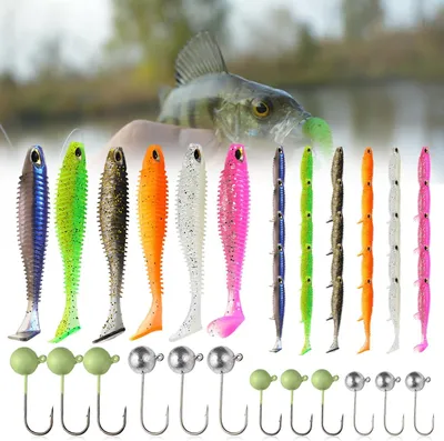 Produktbild von Angelset Gummifische und Kunstköder, 42 Gummifische, 30 Kunstköder, 12 Jigköpfe, für Raubfischangeln