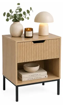 Obrázok produktu pre Relaxdays Nočný stolík, s zásuvkou a otvorenou policou, s reliéfnou štruktúrou, výška x šírka x hĺbka: 50 x 40 x 30 cm, prírodná farba/čierna