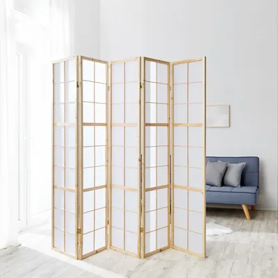 Produktbild von Homestyle4u 169, Paravent Raumteiler 5 teilig, Holz Natur, Reispapier Weiß, Höhe 175 cm
