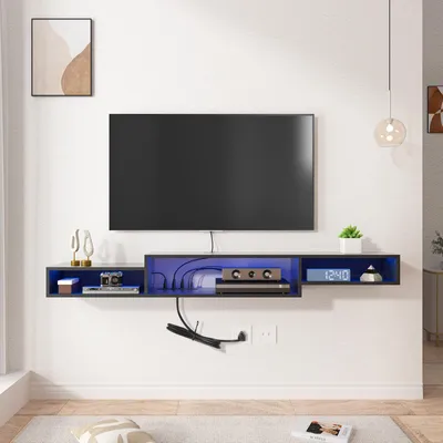Produktbild von FABATO schwebender TV-Schrank mit LED-Beleuchtung & Steckdosen – Modernes TV-Board mit Ablagefach für Wohnzimmer in Schwarz, 180 cm