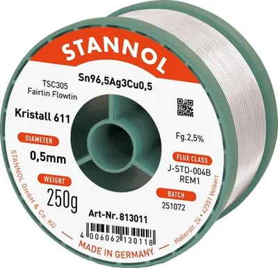 Produktbild von STANNOL Lötzinn Kristall 611, TSC305, Sn96,5Ag3,0Cu0,5, Fairtin Flowtin, 0,5 mm, 250 g