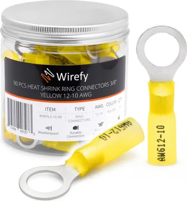 Produktbild von Wirefy Gelbe Ringkabelschuhe Schrumpfverbinder M10 - Lötfreie Kabelschuhe Sortiment - Ringkabelschuh Quetschverbinder 4-6 mm² - 90 Stück