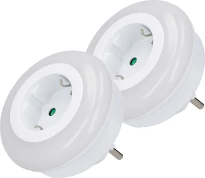 Two white LED night lights with electrical sockets are shown against a white background.