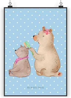 Produktbild von Mr. & Mrs. Panda Bild Bär Kind DIN A3 - Blau Pastell - Geschenk, wanddeko, Kunstdruck, Muttertag, Bären, poster, drucke, Mutter, Plakat, Familie