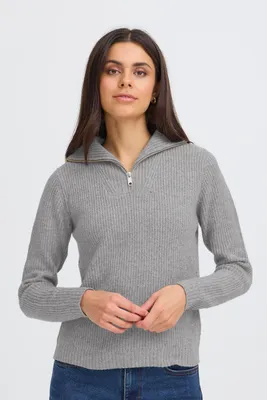 Image de OXMO OXBMMOLARA - Pull à demi-fermeture éclair pour femmes, pull en maille fine, modèle col tunisien, coupe classique