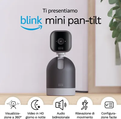 A Blink Mini Pan-Tilt camera is displayed on a shelf, with marketing text and feature icons below.