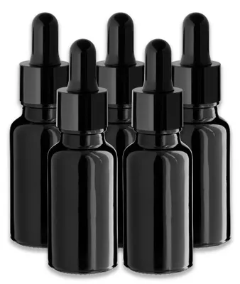 Produktbild von 5x Schwarze Glasflasche 20 ml mit schwarzer Pipette – Tropfflasche