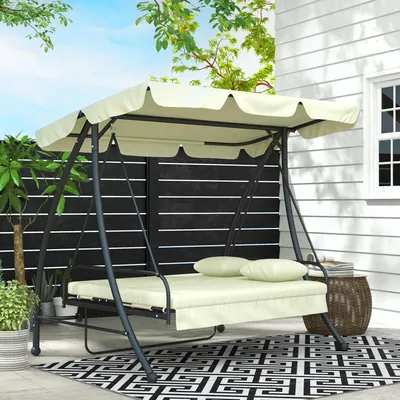 Produktbild von Hollywoodschaukel mit Liegefunktion, 3 Sitzer Schaukelliege, Metall Gartenschaukel, Cremeweiß | 210 x 125 x 170 cm | bis 240 kg