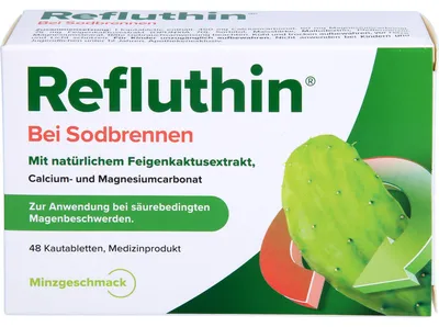 Immagine prodotto di Refluthin compresse masticabili per il bruciore di stomaco al gusto di menta, 48 compresse masticabili