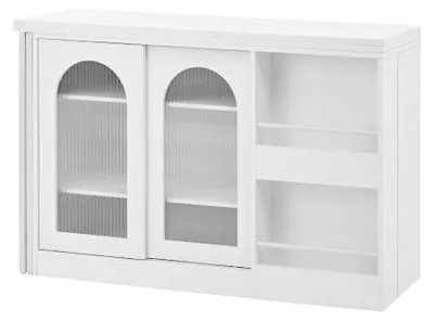 Produktbild von Bartisch Stehtisch 360¡ã Drehbar Ausziehbar Weiss Mit Stauraum Glastuer Reversibel Sideboard Bar Kuechentisch