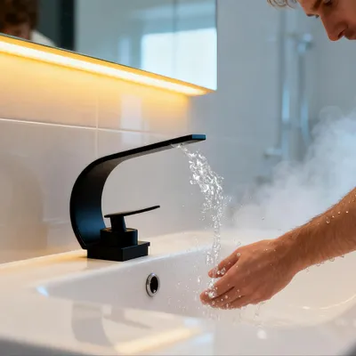 A person washing their hands under a modern black waterfall faucet in a bathroom sink.