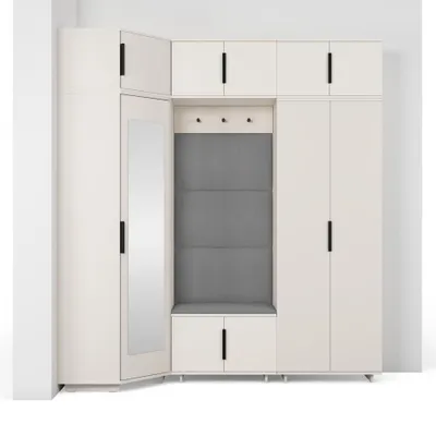 Produktbild von Garderoben-Set Napoli Version 20: Eckschrank mit Polsterpaneelen, Schuhschrank, Hängeschrank für Flur und Eingangsbereich (Cashmere/Trinity 15)